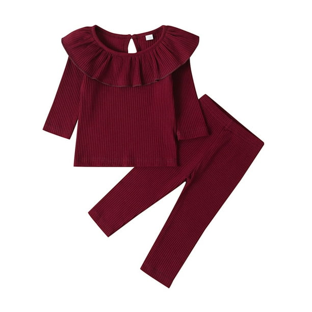 Toddler Baby Boys Ribbed Clothes Knitted Long Sleeve Shirt Top Solid Pants Outfit Set